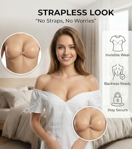 Image of DClub Adhesive Bra Strapless Sticky Invisible Push up Silicone Bra for Backless Dress with Nipple Covers.