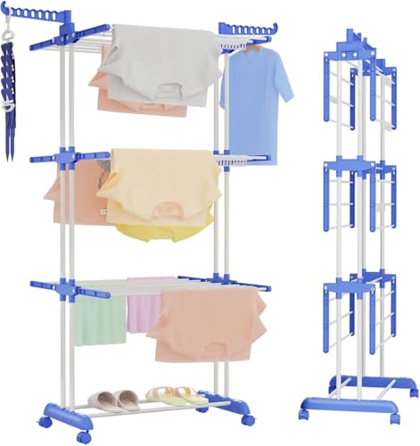 Image of LUCCI Clothes Drying Rack, Folding Clothes Rail Storage Stand, 3 Tier Stainless Steel Laundry Garment Dryer with Dual Side Wings, Heavy Duty Portable Clothes Horse Organizer for Indoor Outdoor Use