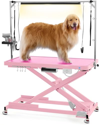 POLIMO LED Professional Electric Dog Grooming Table - 50 Heavy Duty Dog Grooming Station with LED Button & Foot Control Grooming Arm Leveling Wheels Anti-Slip Top & Tool Organizer Pink