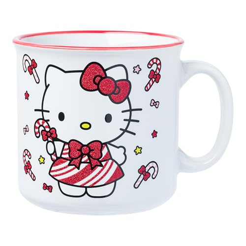 Silver Buffalo Sanrio Hello Kitty Christmas Candy Canes Glitter Ceramic Camper Mug, 20 Ounces