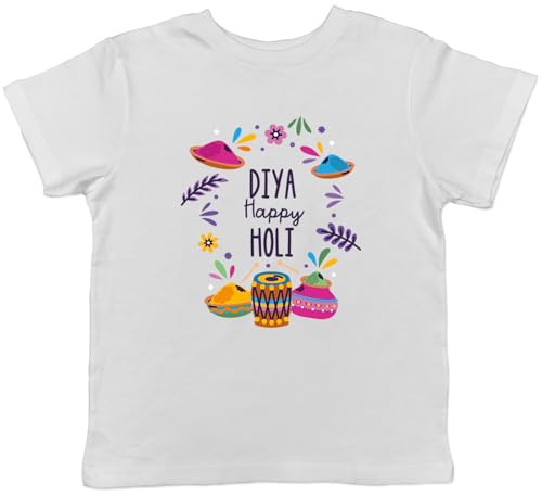 Shopagift Personalised Happy Holi Pots of Colour & Flowers Kids T-Shirt Childrens Tee Boys Girls White
