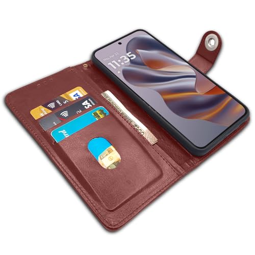 Image of Pikkme Flip Cover Leather Finish | Inside TPU with Card Pockets | Wallet Stand and Shock Proof | Complete Protection Button Flip Case for Moto Edge 50 Neo 5G (Brown)