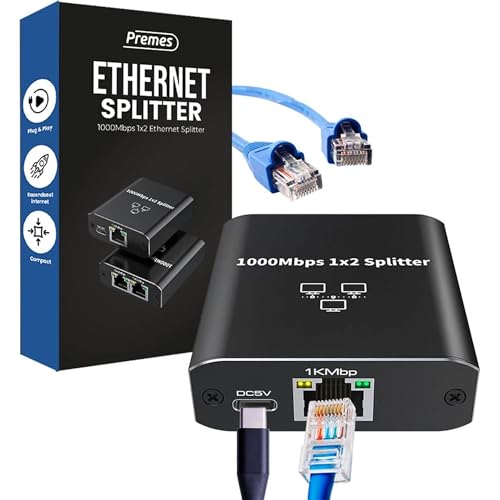 Premes - Répartiteur Internet - 2 ports - jusqu'à 1000 Mbps - de 1 à 2 - LAN, UTP, RJ45 - Répartiteur réseau - Splitter UTP - répartiteur Ethernet -...