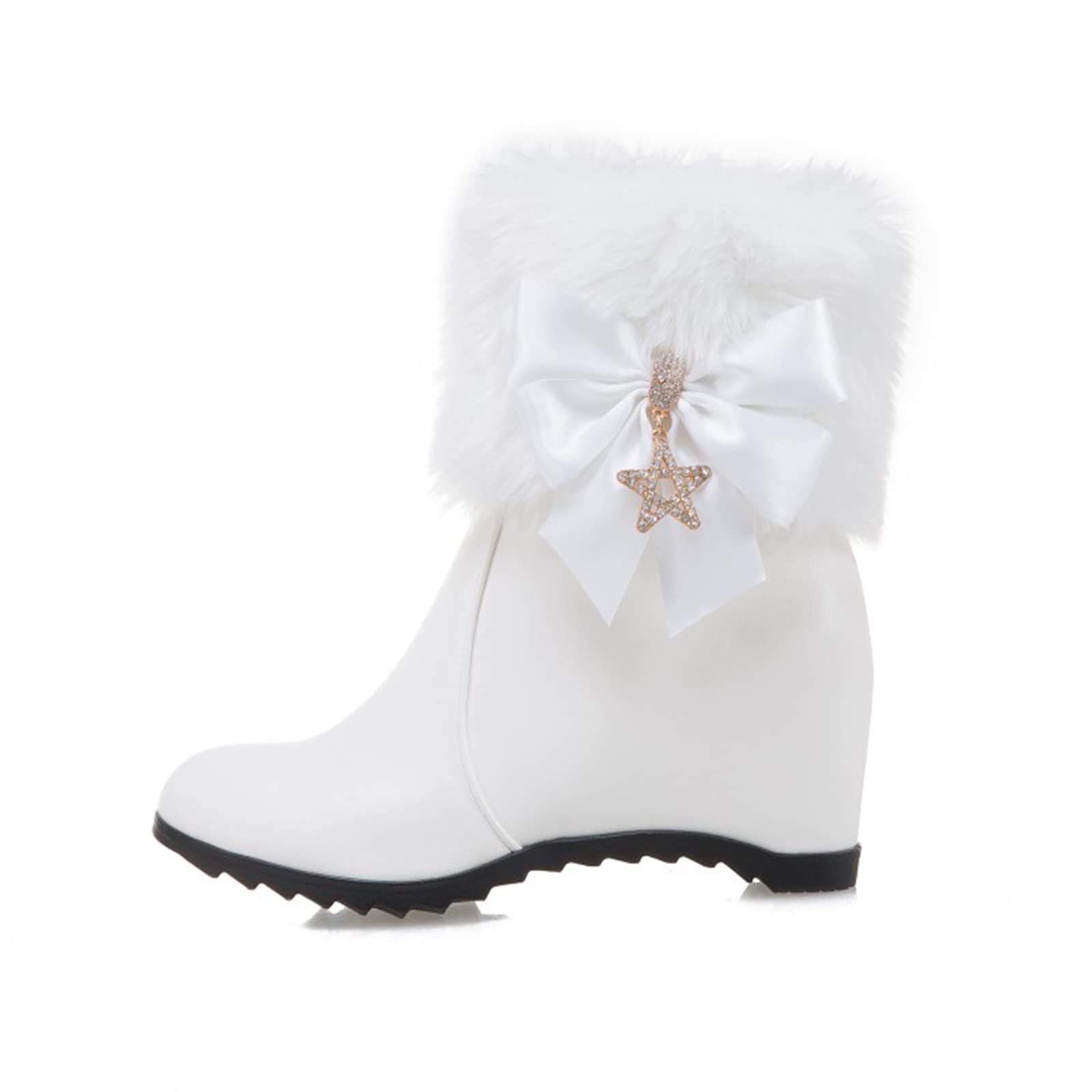 Scarpe Donna Stivali 2026 Cerniera Laterale Decorativa con Fiocco in Pelle Moda all'Interno Corti Cotone Tacco A Zeppa Anfibi Neri Pelo