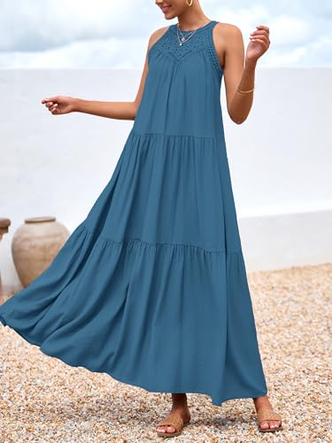 Image of BTFBM Halter Summer Dresses for Women 2026 Casual Spring Hollow Out Sleeveless Boho Sundresses Beach Vacation Maxi Dress