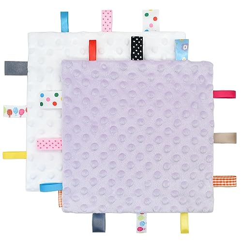 Image of OWLOWLA Tag Security Blanket for Babies Plush Sensory Soothing Tag Blankets Soft Minky Bed Tag Blanket Baby Boy Girl(White&Lilac)