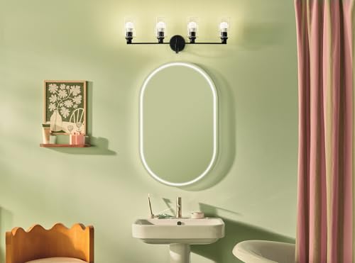 Image of Kichler Gioe 4-Light Bathroom Vanity Light Fixture with Clear Fluted Glass in Black, Modern Wall Mount Over Mirror Lighting for Powder Room (32.25 x 10.5 x 6.75 in), 55227BKFLU