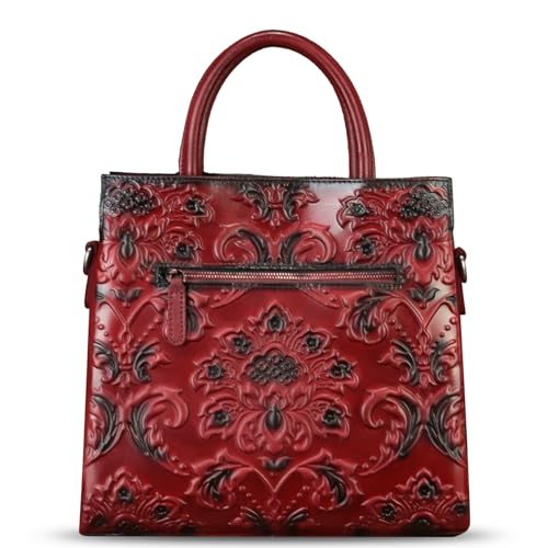 Image of Genuine Leather Satchel for Women Top Handle Handbag Handmade Embossed Vintage Satchel Crossbody Handbags Purse Bag