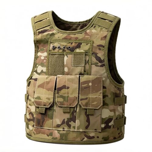 TOLLION Kids Tactical Vest Adjustable Army Costume Outdoor Airsoft Paintball Game Vest Combat Vest for Boys Girls (Green Camouflage 3-7 Years)