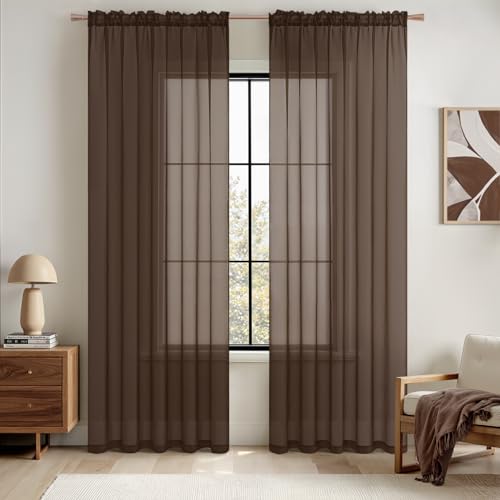 MIULEE Chocolate Brown Sheer Curtains 84 Inches Long 2 Panels, Light Filtering Voile Drapes with Rod...
