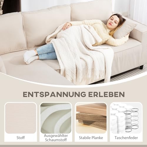 HOMCOM Ecksofa 3-Sitzer Sofa in L-Form Eckcouch mit Umkehrbarer Chaiselongue 2 Kissen Federpolster, Polsterecke aus Cordstoff Wohnlandschaft für Wohnzimmer Schlafzimmer 241x153x83 cm Cremeweiß – Bild 6