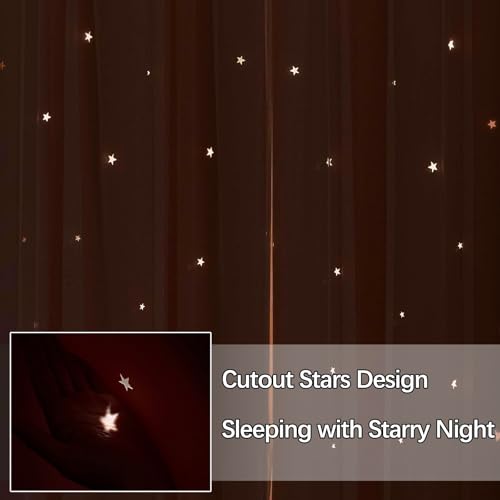 Image of Pink Curtain for Girls Room Blackout Drape 63 Inches Long Cute Star Cutout | Nursery Decor Double Layer Curtain Tulle Lace Single Panel Kids Thermal Insulate Bedroom Darkening Window Treatments Cortina