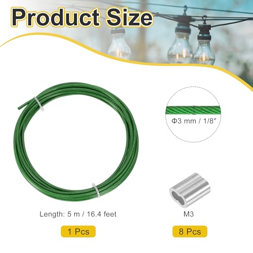 Cable de acero inoxidable 304 PATIKIL con vinilo verde y manguitos M3 2