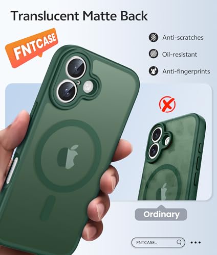 Image of FNTCASE for iPhone 16 Case: [Compatible with Magsafe] Translucent Matte Cases with [Full Camera Protection] [Screen Protector] Military Grade Shockproof Protective Phone Cover - Green