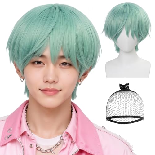 IMEYLE Light Green Wig Men Short Green Wigs Fluffy Cyan Green Cosplay Wig Animated Characters for Cosplay Costume Outfit Halloween Dance Stage Party Daily Use + Hair Cap
