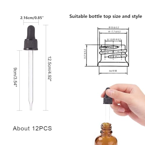 PH PandaHall 18-410 Glass Eye Droppers for Essential Oil, Set of 12 Pressure Rotating Cover Oil Droppers Pipettes Roller Tops for 100ml Dropper Bottles, Perfume, 12.5x2.16cm, Inner diameter 1.93cm2