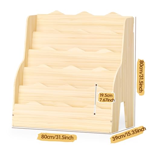 Image of Kids Bookshelf Montessori Wooden Bookcase 5 Tier Front-Facing Organizer | Easy assembly; Montessori Front-Facing; 31.5 inch Kid-sized Height; Holds 80+ Books; Sturdy Construction; Easy Access Reading
