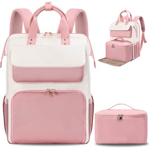 Image of BERTASCHE Lunch Backpack for Women, 15.6 Inch Laptop Backpack with Insulated Cooler Lunch box, Nurse Backpack for Teacher Work Travel College Picnic,Pink-Beige