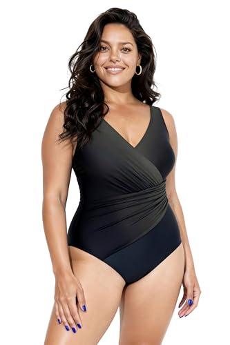 Ulla Popken Bañador, gradiente de Color, drapeado, Copas Blandas Verde Loden 52 807084190-52
