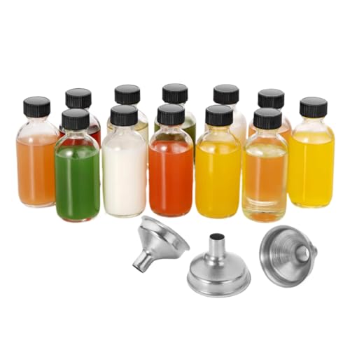 Ginger Shots Lot de 12 petites bouteilles de voyage transparentes de voyage avec 3 entonnoirs en acier inoxydable pour potion de whisky