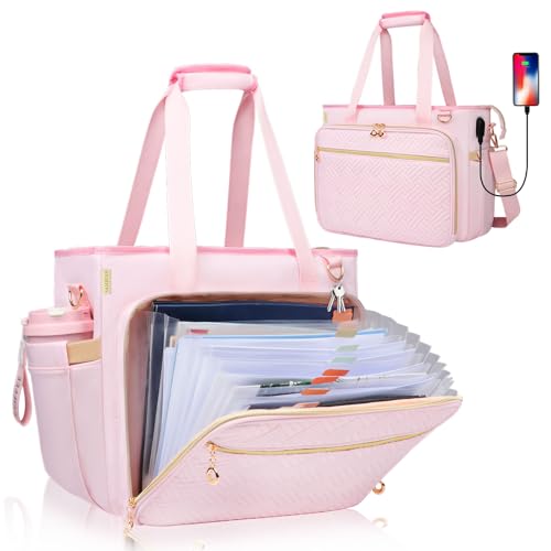 Sambois Teacher Tote Bag with Accordion File Organizer Pocket, Soft Nylon Utility Bag with 15.6 inch Laptop Compartment & USB Port, Large Work Tote Bag for Office Supplies Women (Pink)