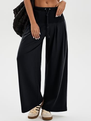 Tankaneo Womens Pleated Wide Leg Sweatpants Baggy Drawstring High Waisted Pants Casual Comfy Palazzo Lounge Pants2