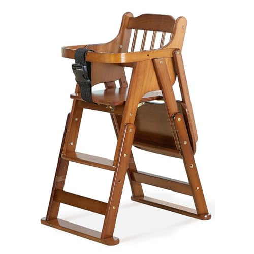 ベビーチェア 木製チェア ハイチェア 子供椅子 ベビーチェア 3歳から10歳まで対応 4段階調節 安全ベルト付き 可動テーブル 折りたたみ 天然木 Walnut color