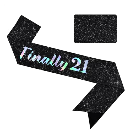 Vuzvuv Finally 21 Birthday Sash with Glitter 21st Birthday Decoration 21st Sash for Women Man Twenty One Party Favors Supplies and Decor-Black