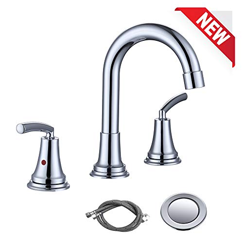 RKF Two Handle Widespread Bathroom Sink Faucet with Pop-up Drain with overflow and CUPC Faucet Supply Hoses,Chrome Polished,WF023-CP
