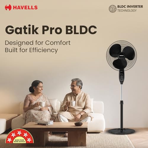 Image of Havells Gatik Pro 400mm BLDC Pedestal Fan| 120 Ribs Guard for Safety| Smooth Oscillation| Heavy Base| ISI Marked | 2 Year Warranty | Black