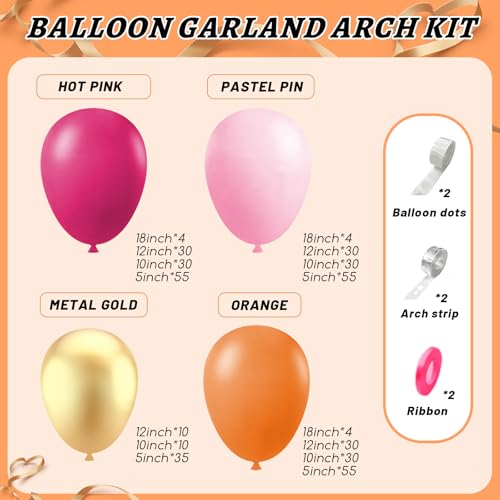 Image of Pink and Orange Balloon Arch Kit,412Pcs Hot Pink Orange Metallic Gold Latex Balloon Garland kit 18 12 10 5 Inch Different Size Balloons for Birthday Wedding Tropical Summer Party Decorations