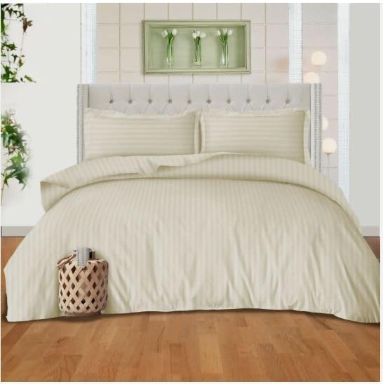 MIA Stripe Duvet Cover Zip Closure With Pillow Case 100% P Cotton Duvet Bedding Set (Beige, Double)