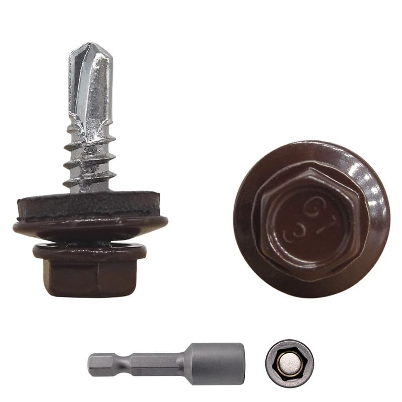(Pack of 150) Metal Roofing Screws 3/16" x 3/4" (4.8 x 19 mm) Self-Drilling Screws with EPDM Washers Painted Hex Washer Tapping Screw Chocolate Brown