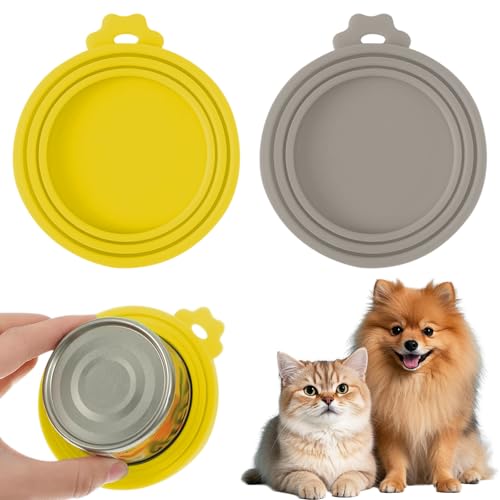 Image of 2PCS Pet Food Can Lids, Silicone Food Can Covers Set, Reusable BPA-Free and Dishwasher Safe for Dog and Cat Food Canned, Yellow /Gray