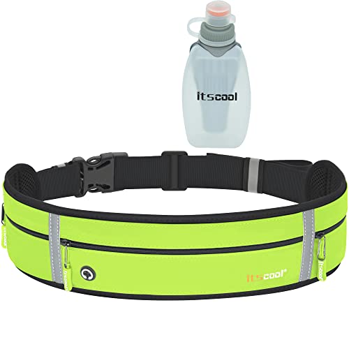 Laufgürtel für Handy, Itscool Handytasche Joggen mit Wasserflasche Sportgürtel, Schlank Aussehen Aber hohe Kapazität für 3 Handys, Langlebig Wasserdicht (Grün&Flasche)
