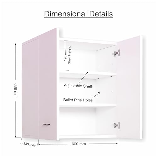 Image of 2 Door Wall Mounted Cabinet with Adjustable & Fixed Shelf | Engineered Wood Storage for Kitchen, Bathroom, Office & Living Room | DIY Assembly | Color: White | Size: 60 x 33 x 63.8 cm