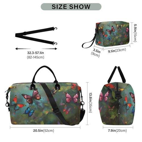 Large Travel Duffel Bag, Butterflies in Forest Sports Tote Gym Bag, Shoulder Weekender Overnight Bag for Women Men, Carry On Luggage with Toiletry Bags3