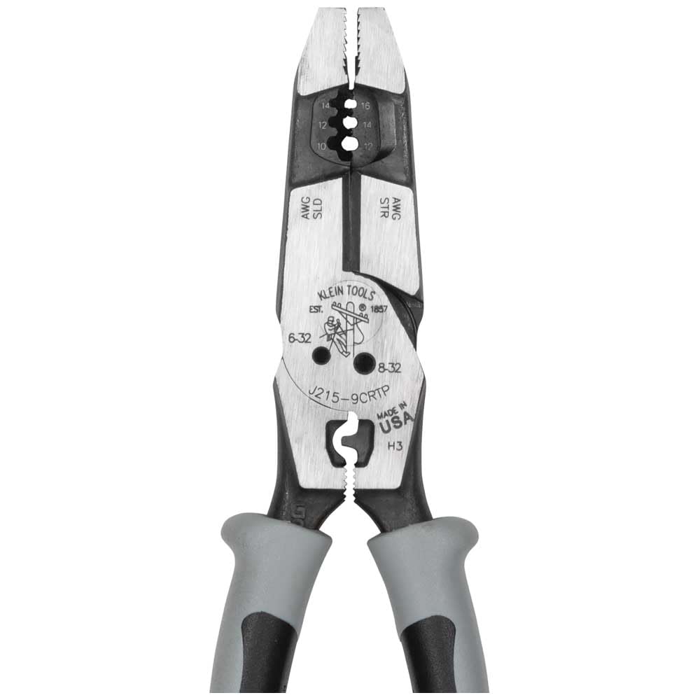 Klein Tools J2159CRTP Alicates de corte lateral, fabricados en Estados Unidos, alicates híbridos Journeyman de alto apalancamiento de 9 pulgadas con crimpadora, extractor de cinta de pescado y