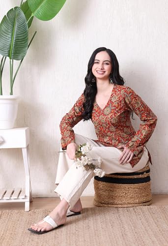 Image of MEERA FAB Women's Floral Printed Cotton Short Kurta | Floral Printed Kurta with Full Sleeves | Short Kurti for Women