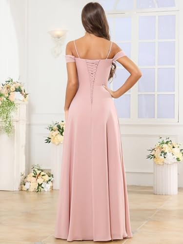 Women's Off The Shoulder Bridesmaid Dress Chiffon Ruffle Formal Prom Dress with Slit2