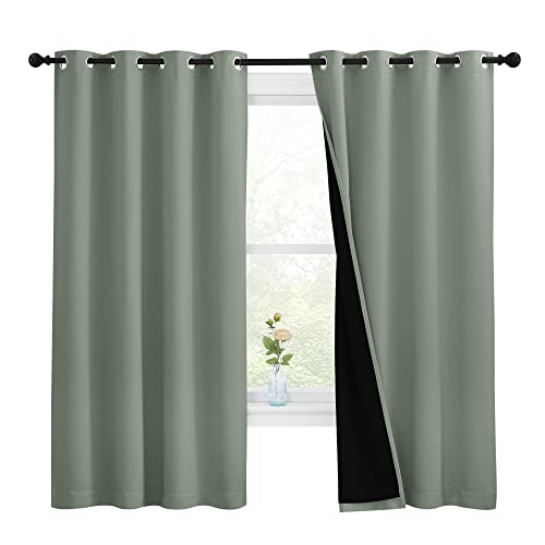 Image of NICETOWN Greyish Green 100% Blackout Lined Curtains, 2 Thick Layers Completely Blackout Window Treatment Thermal Insulated Drapes for Kitchen /Bedroom (1 Pair, 55-inch Width x 68-inch Length per Panel)