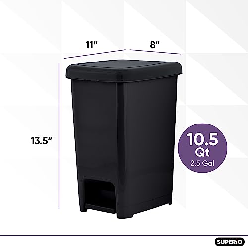 Image of Superio Slim Trash Can with Foot Pedal - 2.5 Gallon Step-On with Lid, Small Plastic Garbage Bin for Bathroom, Kitchen, Office, Under Desk, Bedroom, Dorm - Black, 3