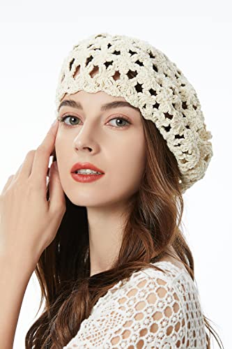 ZLYC Women Cotton Slouchy Crochet Beret Handmade Cutout Floral Beanie Hat