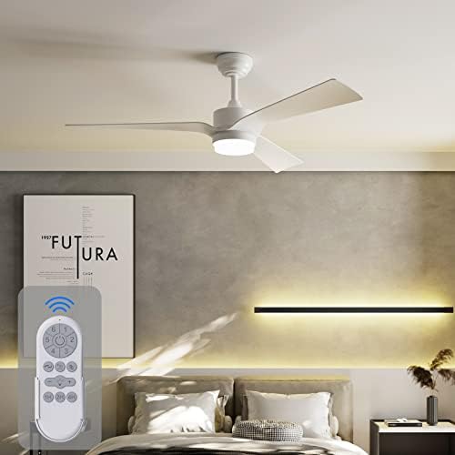 RACCROC Ceiling Fans with Lights,52In Ceiling Fan with Remote Control,22W LED Dimmable Lighting,6 Speeds Indoor Outdoor Ceiling fan for Bedroom/Patios/Farmhouse/Living Room,DC Motor(White)