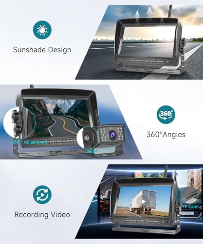 Image of Wireless Backup Camera for RV, 7 inch IPS Monitor Kit+ 2 AHD Rear View Camera Waterproof Night Vision DVR Recording, Wireless Reverse Camera 12V-36V for Truck /Trailer /RV /Camper /Excavator /Caravan