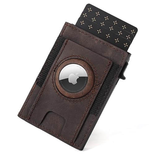 AirTag Pop Up Wallet for Men, Genuine Full Grain Leather Wallet with Air Tag Holder, Slim, Smart, Minimalist, RFID Blocking, ID Window, Leather Airtag Wallet for Men