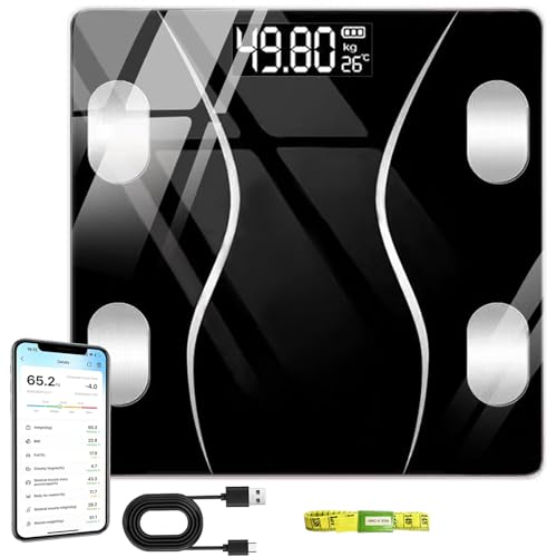 Báscula digital de baño, báscula inteligente de peso corporal y grasa con aplicación Bluetooth, rastrea el IMC, músculos, agua y otras métricas para fitness y salud, vidrio templado, color negro