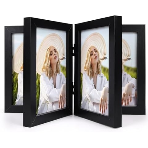Lyeasw Four Hinged 4x6 Picture Frame, Classic 8 Opening 4 by 6 Photo Frame with Glass, Black Folding Frame for Tabletop or Desk Standing Cover