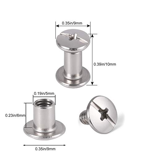 KJLEEN 100 Stück(50Set) Buchschrauben Edelstahl Chicago Schrauben Set 5 mm x 6 mm Binding Schrauben für DIY Lederdekoration Buchbinderei Fotoalbum Handtaschen