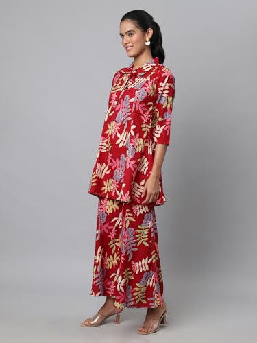 Image of AVANOVA Soft Maslin Silk V Neck Co-Ords Set for Women's | Printed Shirt & Bottom Set for Women | Suit Set | Two Piece Dress (CO-ODS 84 Maroon L)